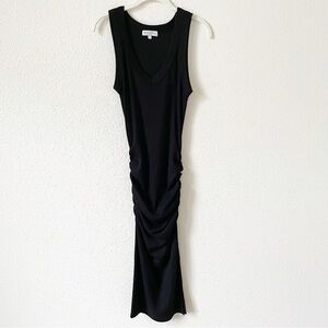 Michael Stars Lori Ribbed V Neck Dress Black Size XS Midi Coastal Ruched Casual